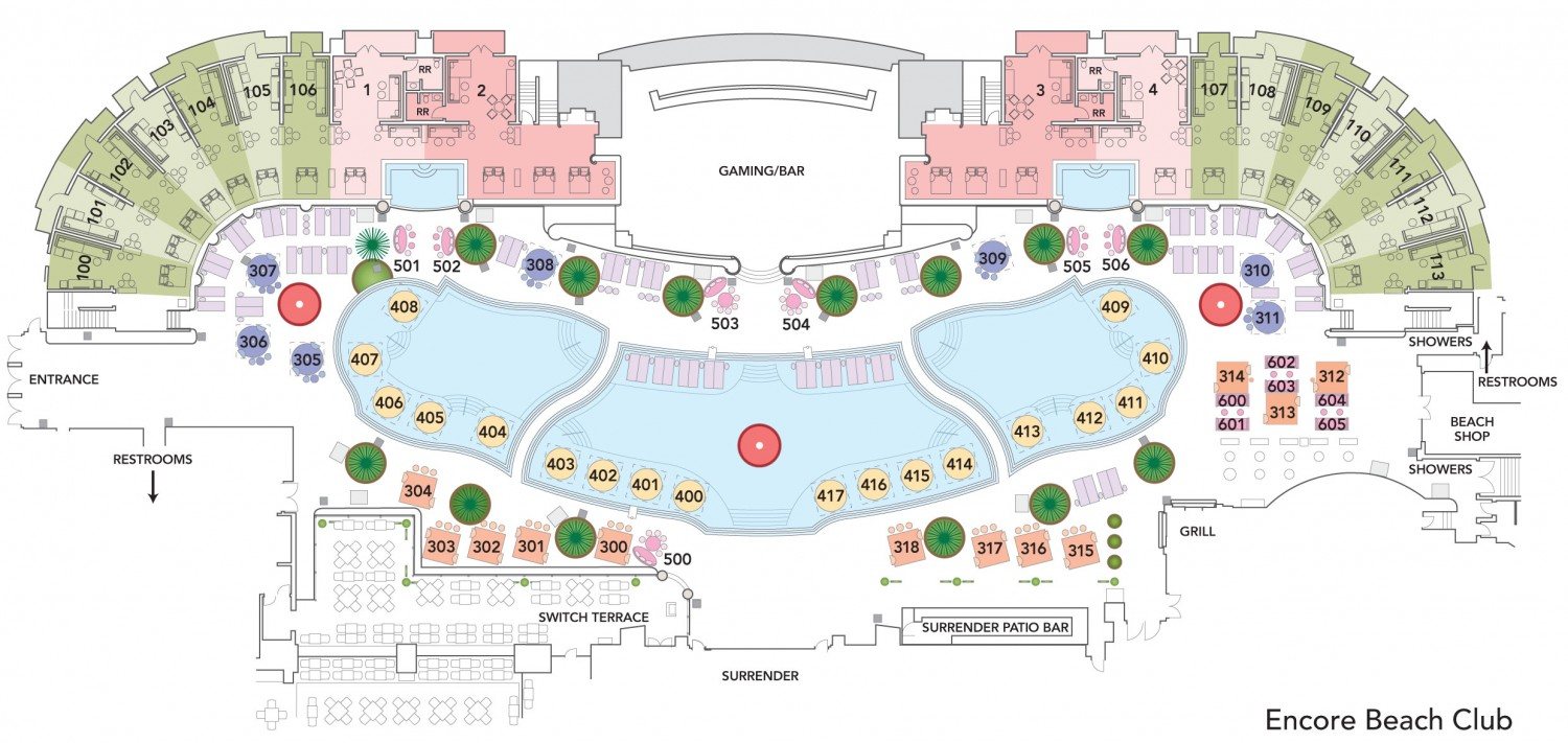 Encore Beach Club at Night table map